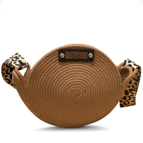 Beata Jute Rope Round Crossbody Bag with Leopard Print Strap Size 11” x 8” Boho - Picture 3 of 6